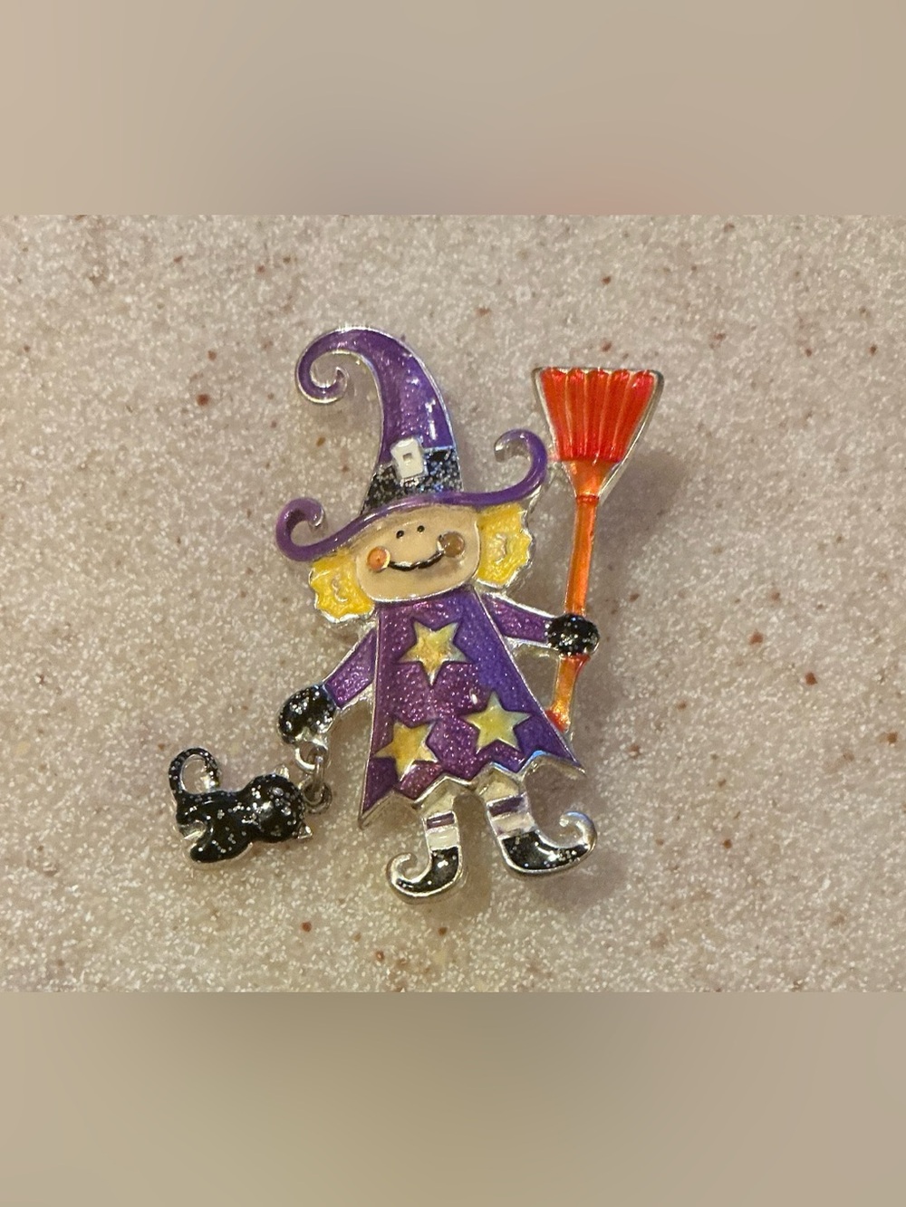 Purple Witch Brooch Pin with Orange Broom and Black Cat Accent